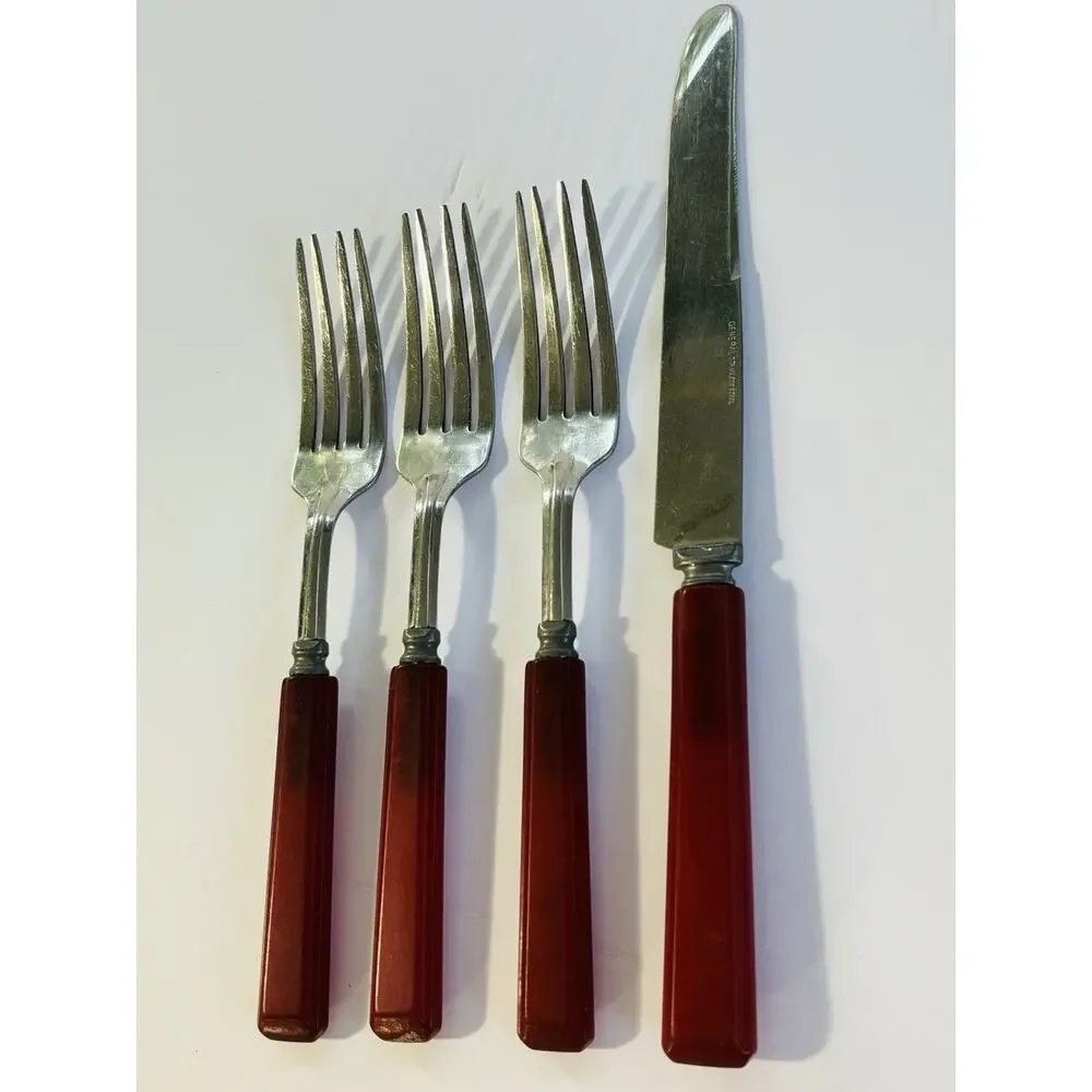 Vintage General Stainless Red Bakelite Flatware 4-Pc Lot 3 Forks 1 Knife MCM
